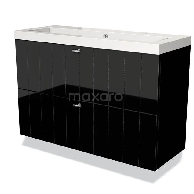 Modulo Slim Vanity units with basin | 100 cm High-gloss black Slat front Mineral marble 2 Stacked drawers BMW37-00322 Black glossy bathroom unit with ceramic vanity units with basin, 2 drawers and modern design for stylish bathroom design.