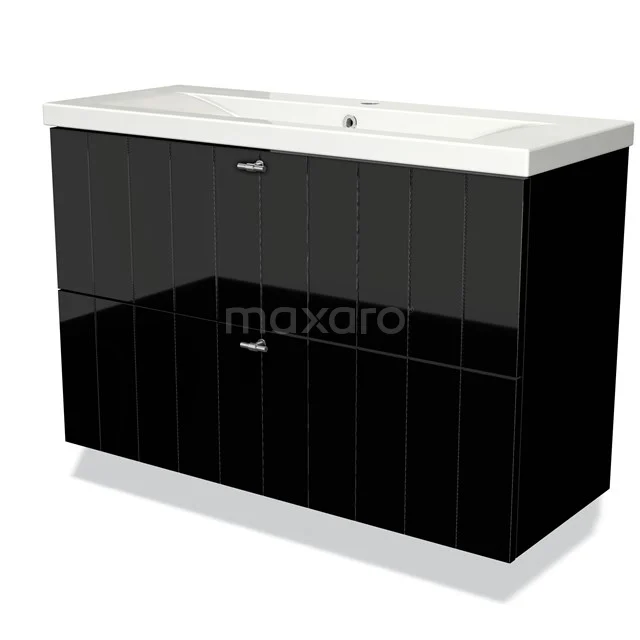 Black high-gloss black bathroom cabinet with ceramic basin, two drawers and modern design, perfect for a stylish bathroom.