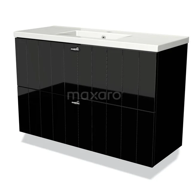 Schwarzes Badmöbel mit Hochglanzoberfläche, keramischem Waschbecken und modernem Designschrank; ideal für luxuriöse und kompakte Bäder.