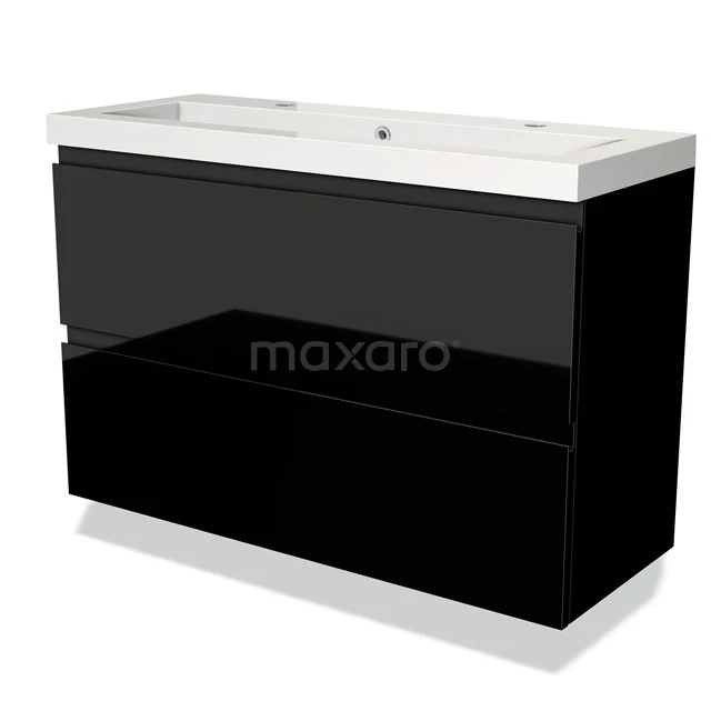 Zwart glanzend badkamermeubel met een witte wastafel, modern design, geschikt voor stijlvol opbergen in de badkamer.