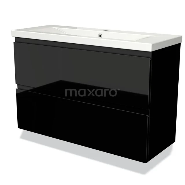Black bathroom unit with glossy finish, two spacious drawers and white ceramic vanity units with basin, ideal for modern bathrooms.