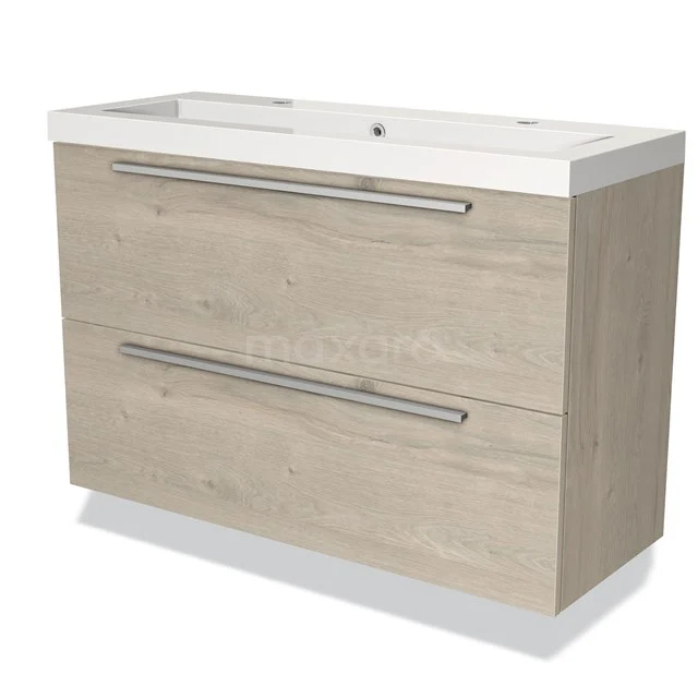 Houten badkamermeubel met licht eiken finish, twee lades en keramische wastafel. Modern design voor stijlvolle badkamers.