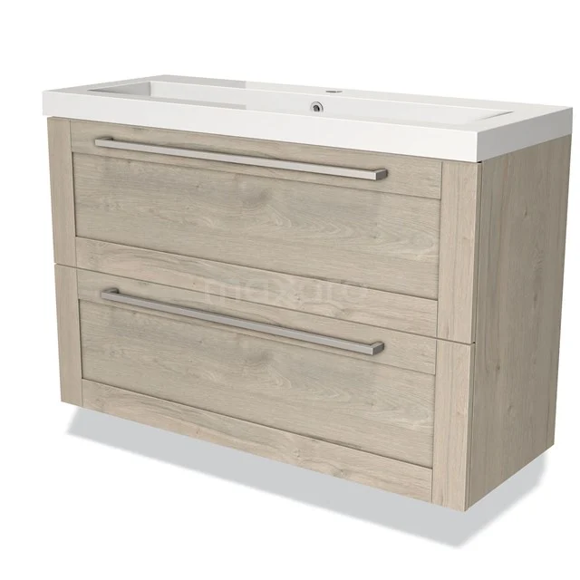 Houten badkamermeubel met twee lades, licht eiken kleur, modern design met geïntegreerde wastafel en metalen handgrepen.
