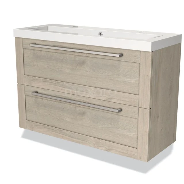 Houten wastafelmeubel met twee lades, licht eiken afwerking, moderne chroomgrepen en geïntegreerde wastafel voor de badkamer.