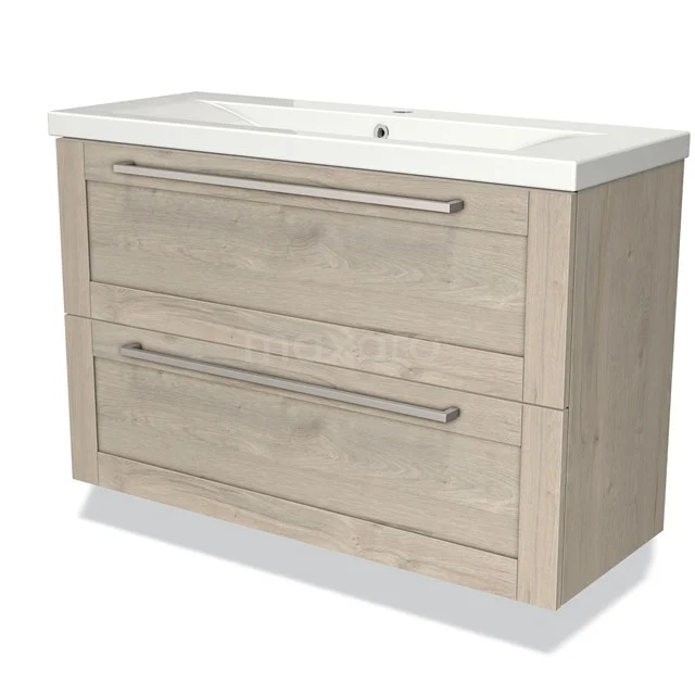 Light wooden bathroom unit with two drawers, modern design, white ceramic basin, ideal for stylish bathroom space.