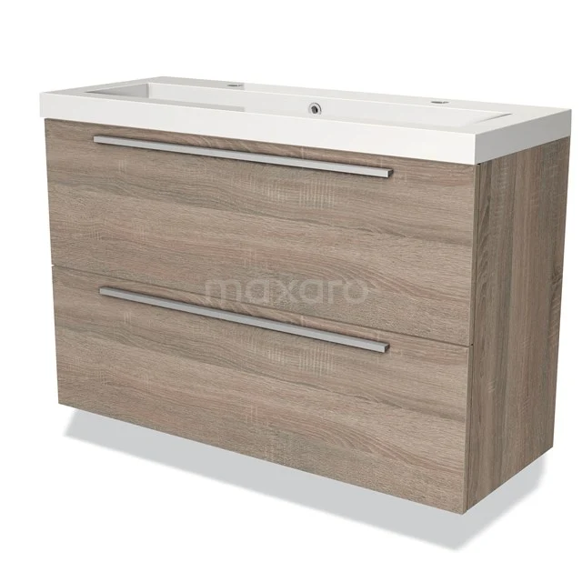 Houten badkamermeubel met twee lades, modern design, beige eiken afwerking en geïntegreerde wastafel.