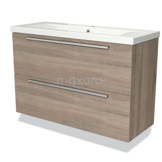 Modulo Slim Vanity units with basin | 100 cm Oak Flat front Ceramic 2 Stacked drawers BMW37-00339 Wooden bathroom cabinet with two drawers, modern design, light oak finish and integrated basin.