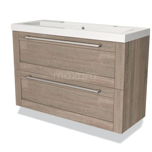 Houten badkamermeubel met twee brede lades, natuur eiken afwerking en witte wastafel, modern en functioneel design.