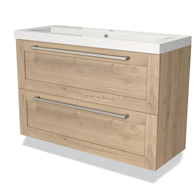 Badmöbel 100cm Modulo Slim Hellbraune Eiche 2 Schubladen Rahmen Waschbecken Mineralguss BMW37-00349 Holz Badezimmermöbel mit Waschbecken, Eiche Look, zwei Schubladen und metallischen Haltegriffen, ideal für stilvolle Badezimmerlagerung.