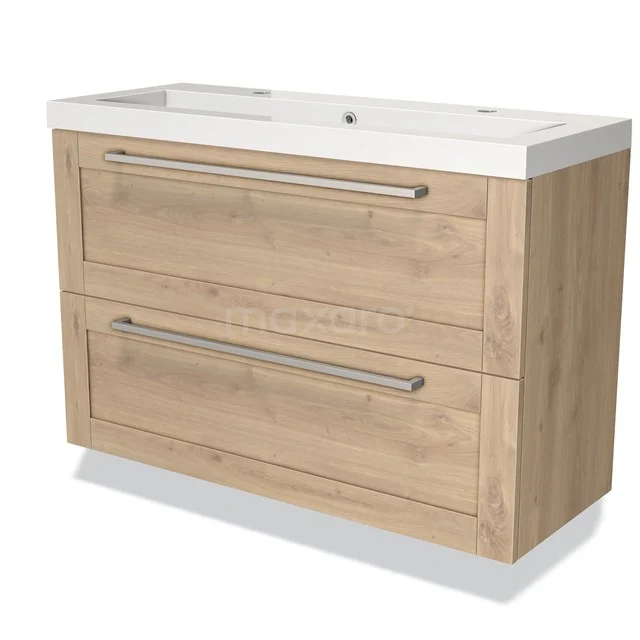 Houten wastafelonderkast met 2 lades en metalen grepen, licht eiken kleur, perfect voor een moderne badkamerstijl.