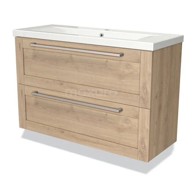 Modulo Slim Bathroom furniture with sink | 100 cm Light brown oak Frame front Ceramic 2 Stacked drawers BMW37-00351 Wooden bathroom unit with two drawers, natural oak look and white basin, ideal for stylish bathroom storage.