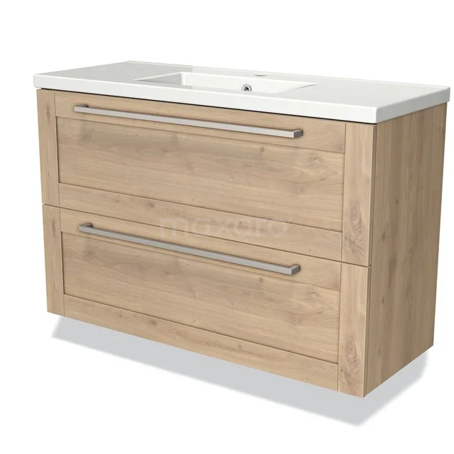Modulo Slim Vanity units with basin | 100 cm Light brown oak Frame front Ceramic 2 Stacked drawers BMW37-00352 Oak bathroom unit with white vanity units with basin, two drawers and modern metal handles, perfect for stylish bathroom storage.