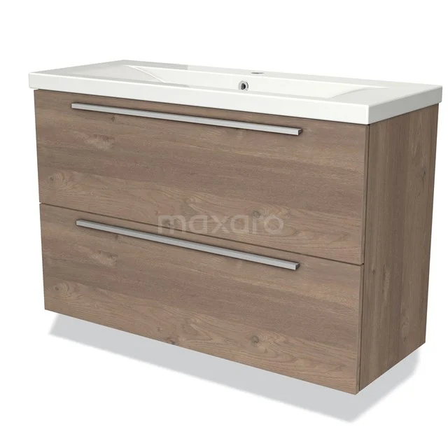 Wooden bathroom unit with two wide drawers, natural oak finish and ceramic basin, modern and space-saving design.