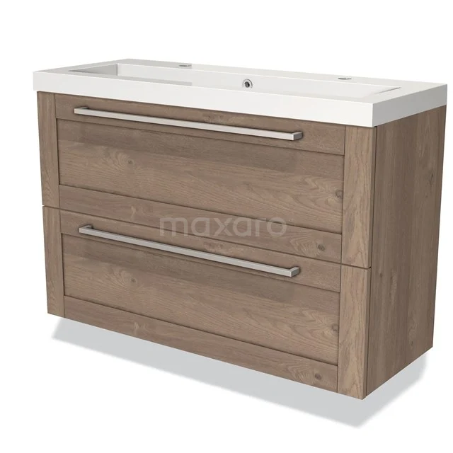 Houten badkamermeubel met twee laden, moderne handgrepen en geïntegreerde wastafel in witte keramiek.