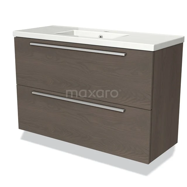 Bathroom unit dark wood, 2 drawers with stainless steel handles, including white ceramic basin, modern design, Series Milano.