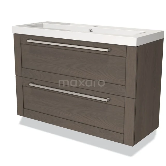 Wooden bathroom unit with two drawers, modern design, dark brown, including white ceramic basin.