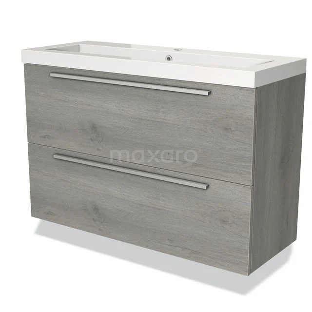 Grijze eikenhouten badkamerkast met twee lades en witte wastafel, modern design en duurzaam materiaal.