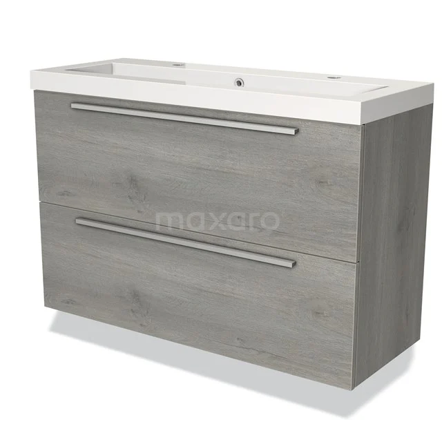 Grijze houten badkamermeubel met twee lades, geïntegreerde witte wastafel, strak design voor moderne badkamers.