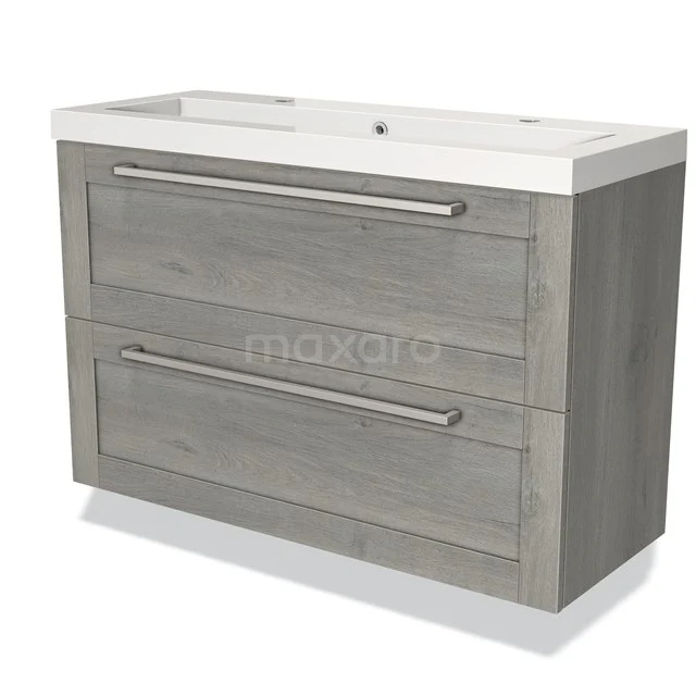 Grijze houten badkamermeubel met dubbele lades en metalen grepen, inclusief geïntegreerde wastafel.