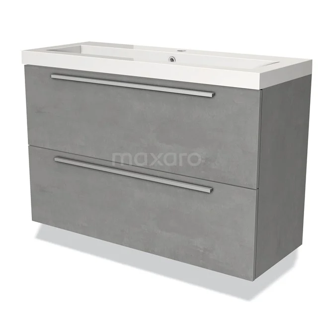 Grauer Waschbeckenunterschrank mit zwei Schubladen, modernes Design, ausgestattet mit metallenen Haltegriffen, ideal für einen klaren Badezimmerstil.