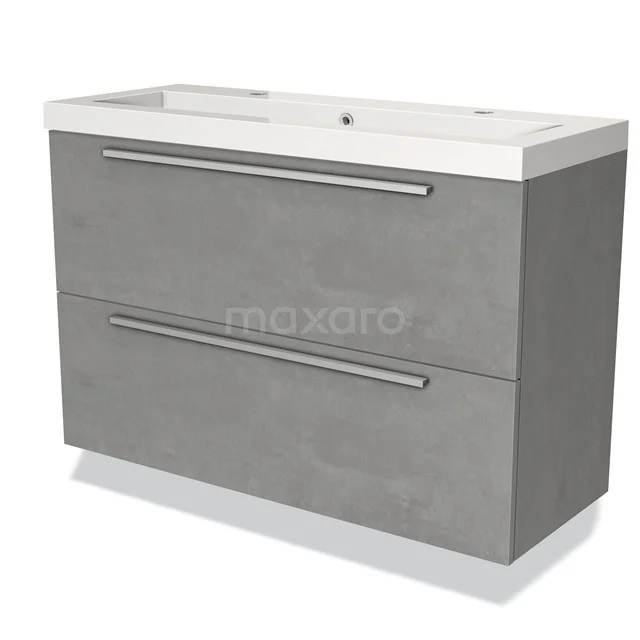 Badmöbel 100cm Modulo Slim hellgrauer Beton 2 Schubladen Flaches Waschbecken Mineralguss BMW37-00378 Graue Badmöbelset mit zwei Schubladen, modernes Design, hochwertige Verarbeitung, ideal für stilvollen Badezimmerstauraum.