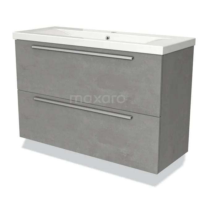 Modulo Slim Waschtische | 100 cm Hellgrauer Beton Flach front Keramik 2 übereinanderliegende Schubladen BMW37-00379 Graue Badmöbel mit doppelten Schubladen und weißem keramischen Waschbecken, modernes Design aus Betonlook-Material.