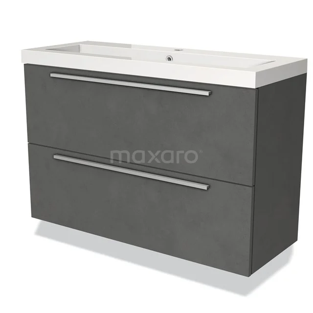 Grijze badkamermeubel met twee lades en witte wastafel, modern design, perfect voor stijlvolle badkamerinrichting.