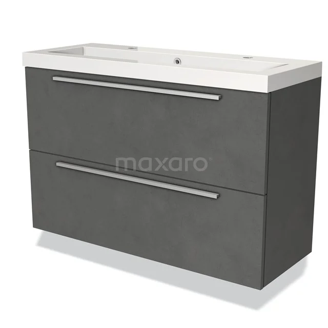 Donkergrijze wastafelonderkast met twee lades, strakke metalen grepen en een witte keramische wasbak, ideaal voor moderne badkamers.