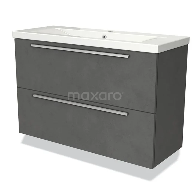 Dark grey bathroom furniture set with matt surface, wide drawer handles and integrated ceramic basin.
