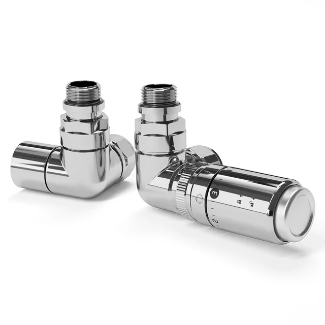 Radiator valve Thermostatic Double Hook Right-handed With Foot valve Chrome-Chrome DRK21GC-GC Chrome thermostatic radiator valves, corner model, ideal for the bathroom. Premium finish for a modern look.
