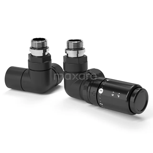 Heizkörperventil Thermostatisch Dual Angle Right Hand Mit Fußventil Matt Schwarz-Matt Schwarz DRK21MBN-MB Matt Schwarz thermostatische Heizkörperventile, Eckmodell, ideal für moderne Badezimmerstile.