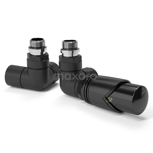 Matt schwarze Eckventile im modernen Design, ideal für Heizkörper in einem stilvollen Badezimmer.