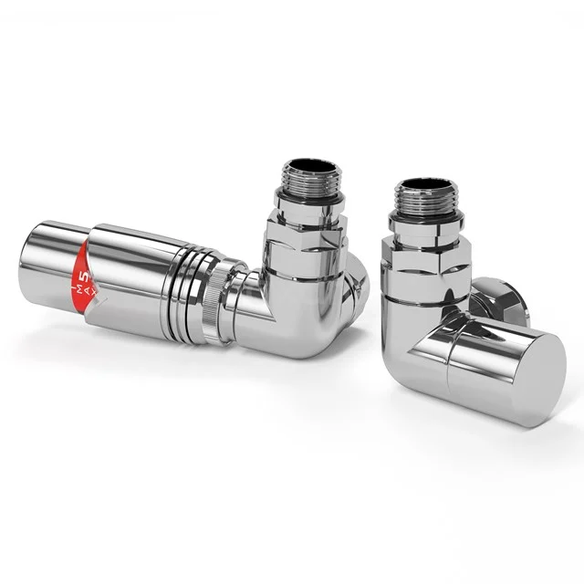 Chrome corner valve set for bathroom heater, modern design with red indicator, durable and stainless materials.