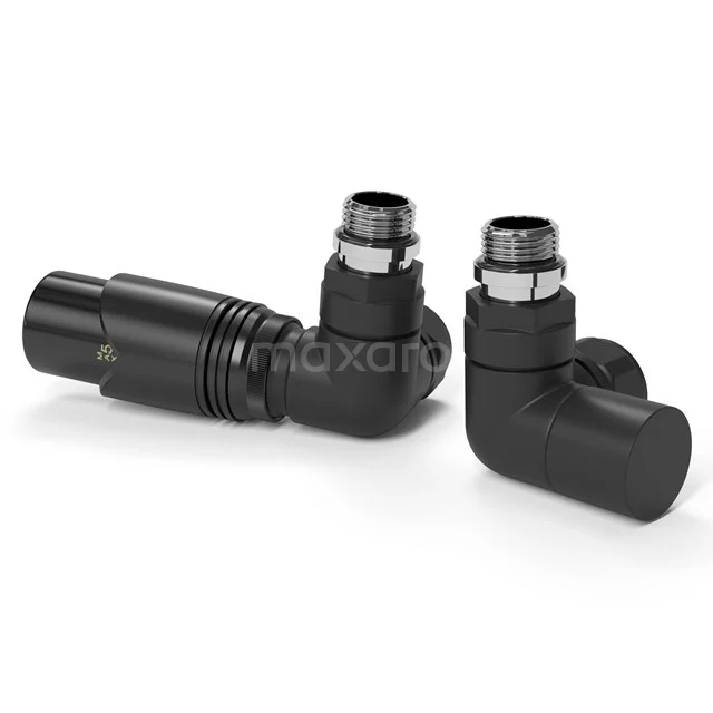 Radiator valve Thermostatic Double Hook Left Hand With Foot valve Matte Black-Matt Black DRK12MB-MB Black corner valves with matte finish, ideal for bathroom radiator connections.