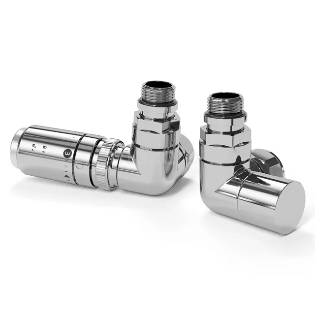 Radiator valve Thermostatic Double Hook Left Hand With Foot valve Chrome-Chrome DRK22GC-GC Chrome corner radiator valve set, thermostatic, perfect for modern bathroom heating, with sleek design and durable finish.