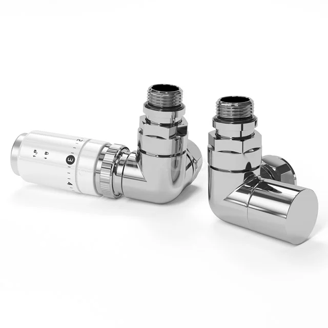 Chrome-plated thermostatic radiator valves, corner model; ideal for a modern bathroom installation.