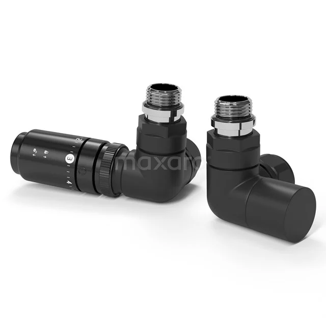 Black corner set radiator valves in matte finish, suitable for bathroom heating, with modern and sleek design.