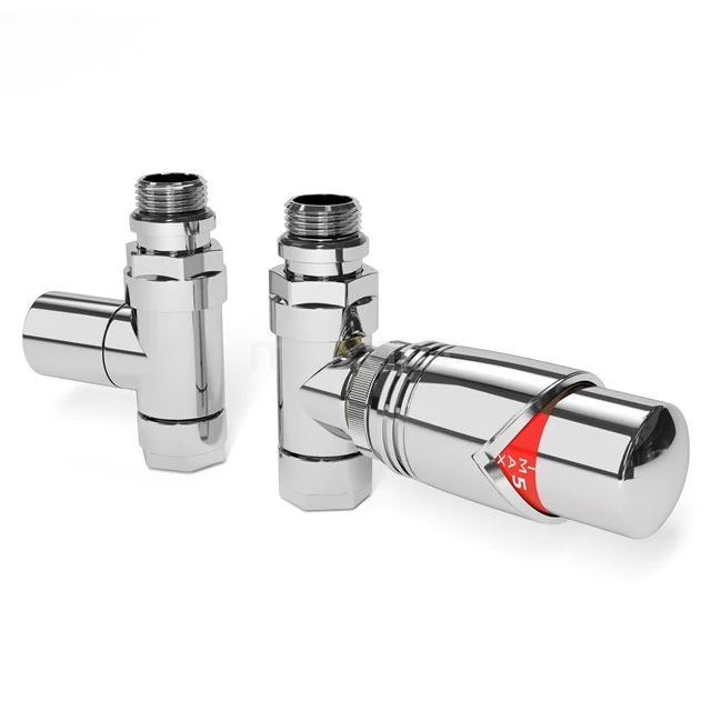 Chrome thermostatic radiator valves with knob for temperature control, ideal as stylish controls in modern bathrooms.