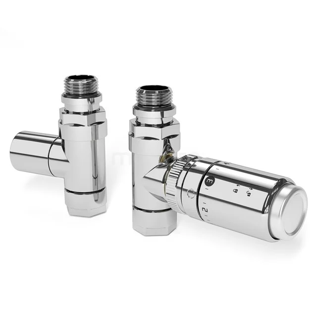 Heizkörperventil gerader Anschluss mit Fußventil Chrom-Chrom DRK23GC-GC Verchromte Design-Thermostat-Heizkörperventile, ideal für modernes Badezimmerinterieur, mit effizienter Temperaturregelung.