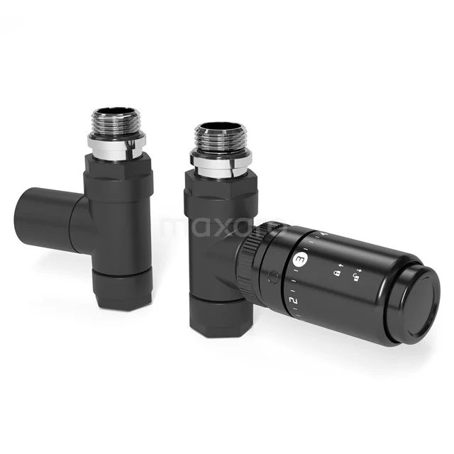 Schwarze thermostatische Radiatorventile, modernes Design, ideal für eine schlichte Badezimmergestaltung. Geeignet für verschiedene Radiatorstile.