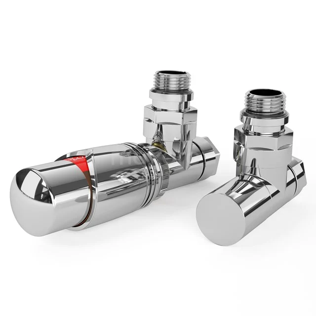 Chrome corner thermostatic mixers for bathroom, modern design with red detail, suitable for stylish radiators.
