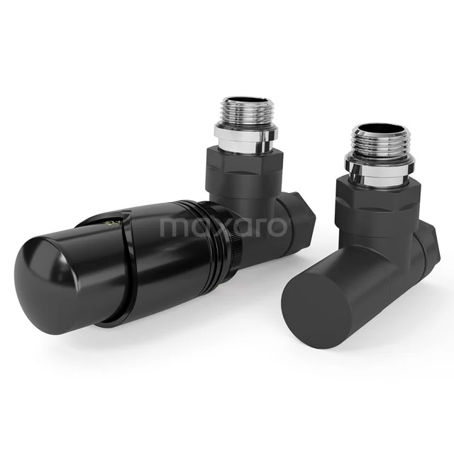 Black thermostatic radiator valve, corner model, suitable for modern bathroom heating, matte finish for sleek look.