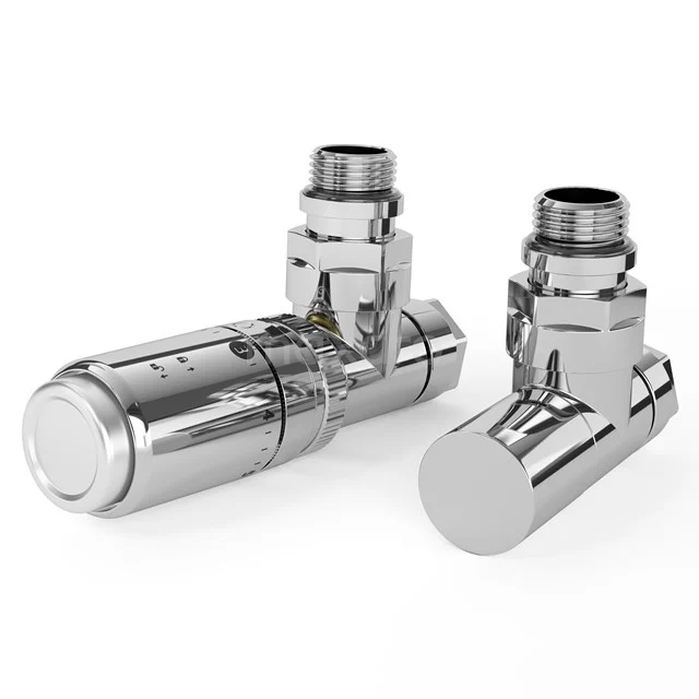 Chrome thermostatic mixer set for the bathroom with modern design, ideal for precise temperature control at bathroom radiators.
