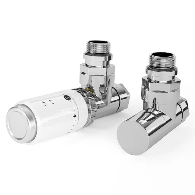 Thermostatic radiator tap set, chrome and white design, ideal for modern bathrooms.