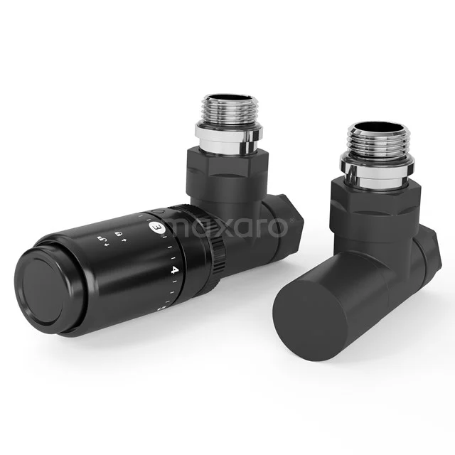 Schwarzes thermostatisches Heizkörperventil-Set, Eckmodell, ideal für moderne Bäder, aus langlebigem Metall gefertigt.