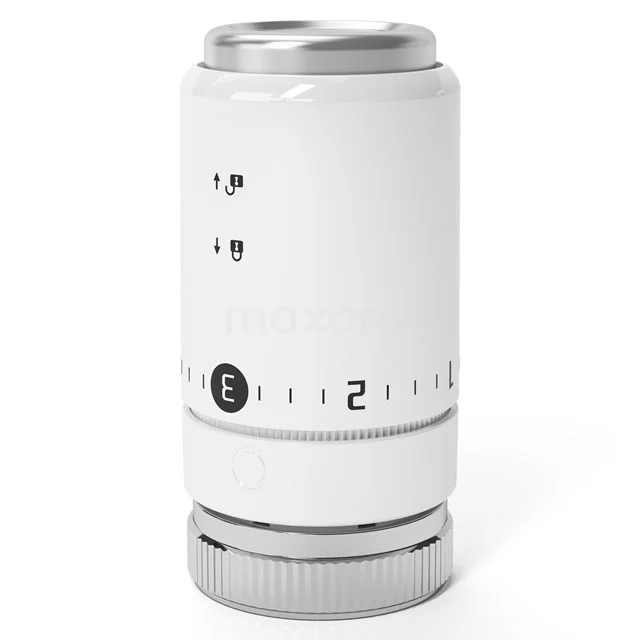 Weiße Thermostatknopf mit chromatischen Details, geeignet für moderne Badezimmerheizkörper, einstellbar mit klaren Markierungen.