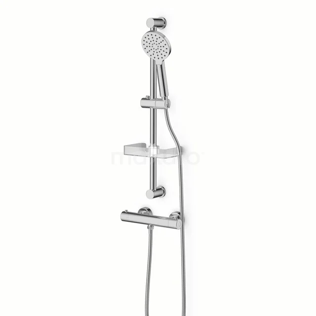 Chromen Handbrause mit verstellbarer Gleithalterung, eingebauter Seifenschale und sanften Rundungen; ideal für ein modernes Badezimmer.