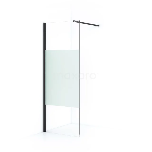 Frosted glass walk-in shower enclosure with black frame, modern design and stylish solution for a spacious bathroom.