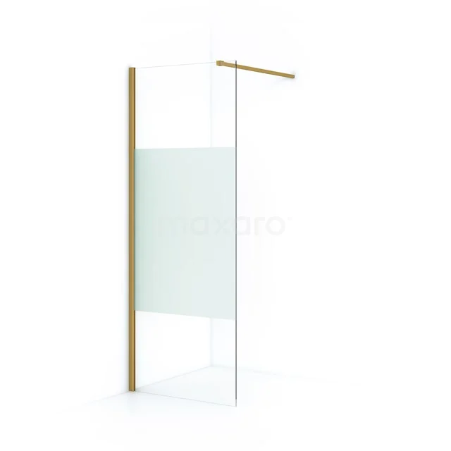 Gold-coloured shower screen with frosted glass panel, minimalist design, perfect for a modern bathroom style.