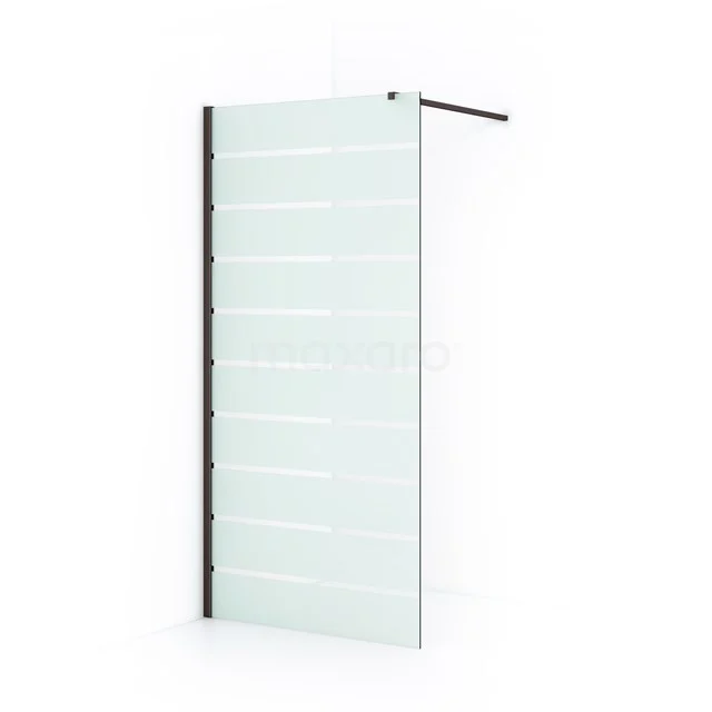 Diamond Walk-in shower | 90 cm Black metal Clear with matt stripes Fixed wall IDA09116ZM Shower screen with frosted glass, black profile and stripe pattern, ideal for a modern bathroom style.